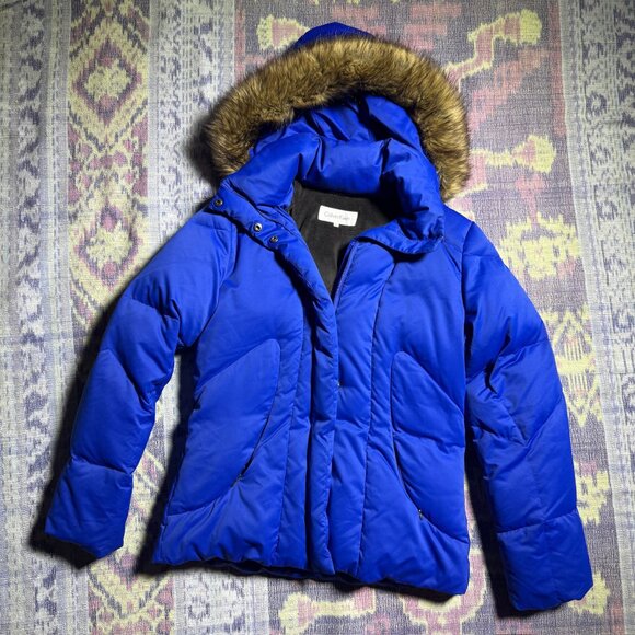 Calvin Klein Royal Blue Faux Fur Trim Puffer Jacket Women's Size Medium M - Picture 1 of 14